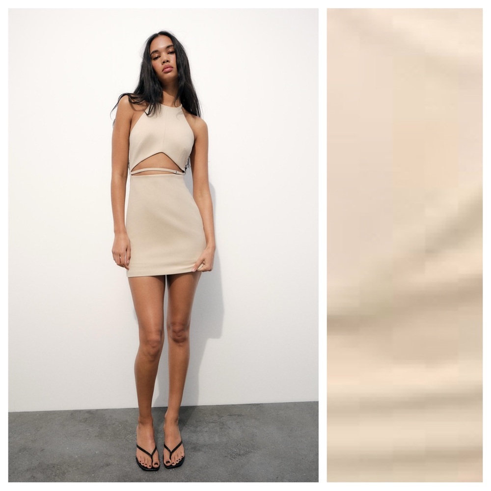 NWT. Zara Light Beige Cut-Out Mini Halter Dress. Size S.